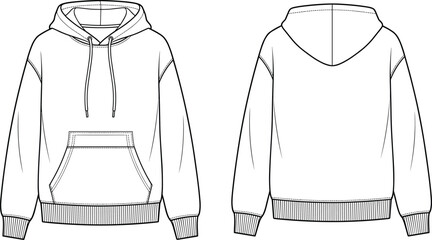 Vector hoodie pullover technical flat showing front and back views kangaroo pocket ribbed hem drawstring hood relaxed fit blank apparel mockup template © Mason Murp Creations