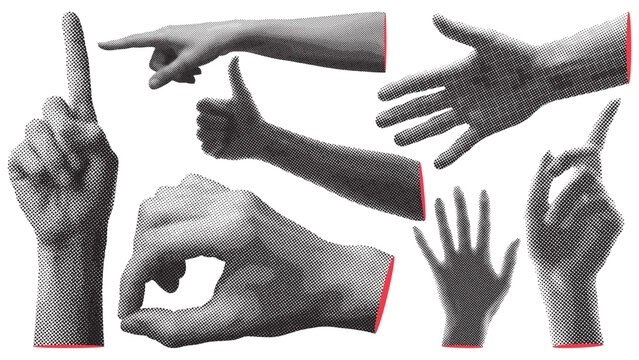 Set of retro halftone parts of body. Trendy halftone hand various signs collection. Halftone collage elements. Vector illustration.