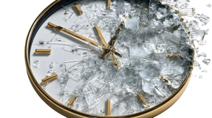 Close up of shattered round wall clock with gold frame and hands on white background, broken glass scattered around with shattered clock and broken clock
