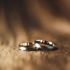 Two polished silver wedding bands rest closely on a textured brown surface with a softly blurred background.
