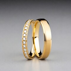 Two gold rings stand upright&mdash;one plain, one with diamonds&mdash;on a smooth surface with a soft gradient background.