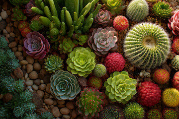 Colorful top view of various cacti and succulents in natural composition