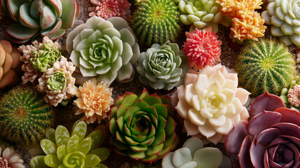 Colorful top view of various cacti and succulents in natural composition