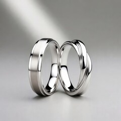 Two polished silver wedding bands rest closely on a textured brown surface with a softly blurred background.
