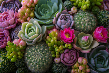 Colorful top view of various cacti and succulents in natural composition