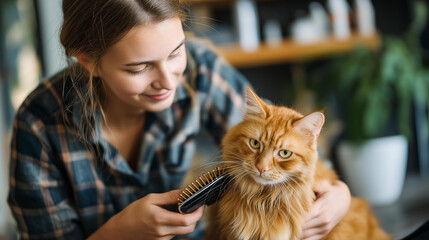 Faceless woman brushing ginger cat fur, pet grooming session, animal care, feline hygiene, domestic pet maintenance, bonding activities, cat wellness, with copy space
