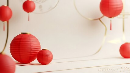 Red lanterns and golden ornaments on a cream backdrop festive decoration
