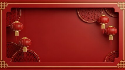 Red lanterns and ornamented frame on red background for holiday celebration