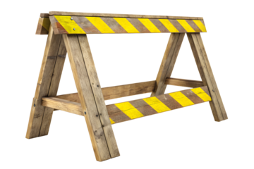 A yellow wooden barricade isolated on a white or transparent background.