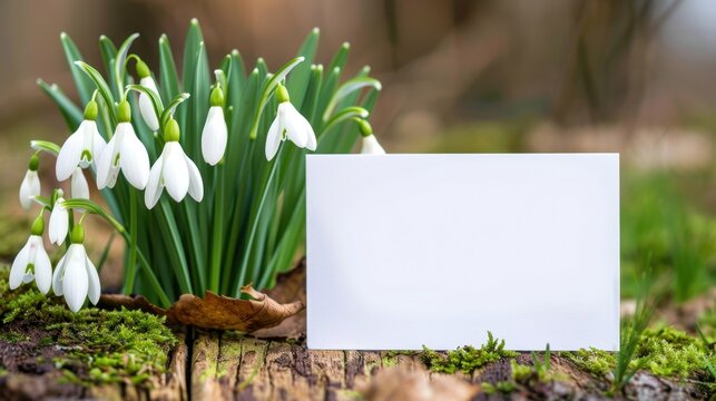Snowdrops Blooming with Blank Card for Personal Message or Invitation in Natural Setting