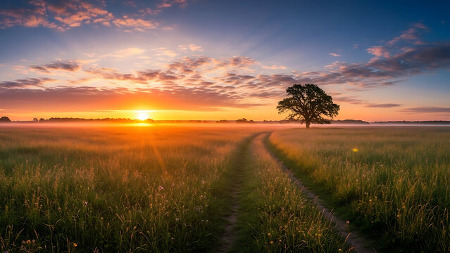 Majestic golden sunrise over foggy meadow landscape dirt road leading toward large solitary oak tree horizon - Powered by Adobe
