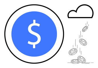 Obraz premium Financial growth, digital economy, fintech, online savings, cloud platforms, and investments. Blue dollar symbol inside a circle and cloud raining coins. Financial growth and digital economy