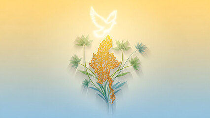 Abstract golden map of myanmar surrounded by green tropical leaves and glowing peace dove overhead