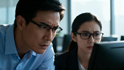 Two professionals focused on computer screen in office setting