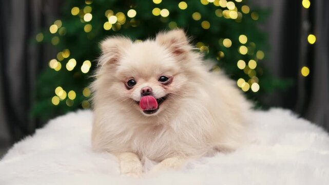cute spitz dog near the christmas tree close up