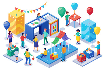 Naklejka premium People enjoying various activities at a colorful outdoor fair with games, booths, food stands and balloons in a festive atmosphere