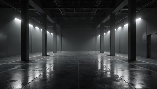 Dark empty modern studio with concrete floor pillars and ceiling lights. Minimalist interior design with strong reflections. Space for events or exhibitions.
