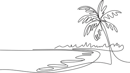 One continuous line drawing of beach with palm tree.one line vector illustration with out background © MstMoushumi