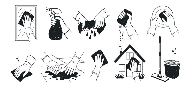 House cleaning vector black and white set