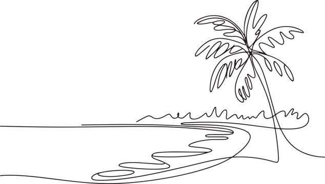 One continuous line drawing of beach with palm tree.one line vector illustration with out background