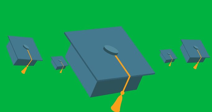 Digital animation of multiple graduation cap icons against black background