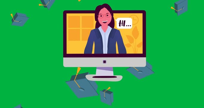 Female teacher on video call and multiple graduation cap icons falling against black background