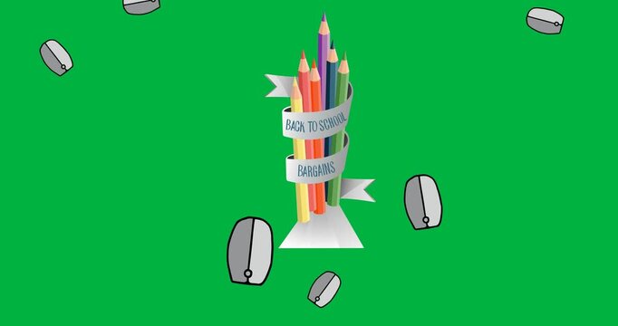 Back to school bargains text over colorful pencils against multiple mouse icons on black background