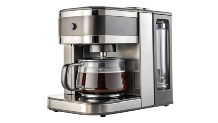 a modern coffee maker with refined edges and precise brewing components, isolated on a transparent background