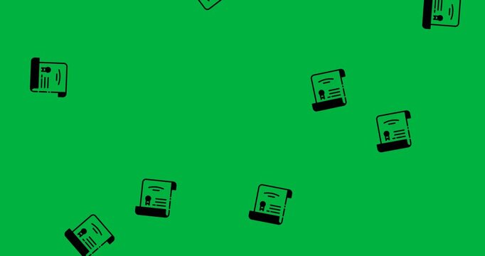 Digital animation of multiple graduation certificate icons falling against white background