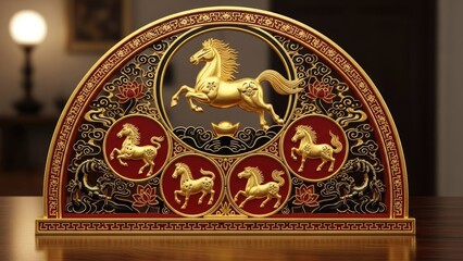 Fototapeta premium Golden Horse Decoration with Intricate Chinese Cultural Motifs and Floral Accents