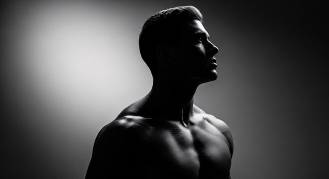 Silhouette of a contemplative young man with muscular build in a dramatic black and white profile shot emphasizing shadows and contrast for artistic expression