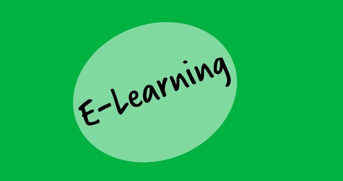 Digital animation of e-learning text over white banner against black background