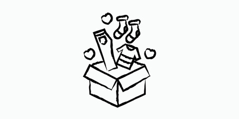 Naklejka premium Hand Drawn Gift Box with Clothing and Hearts for Charity or Baby Shower
