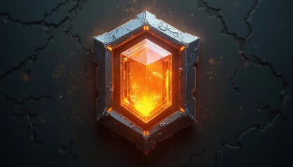 Shiny orange crystal shield icon with dark metal frame glows on black background. Perfect for game UI elements badges awards and fantasy game assets. Futuristic symbol of power.