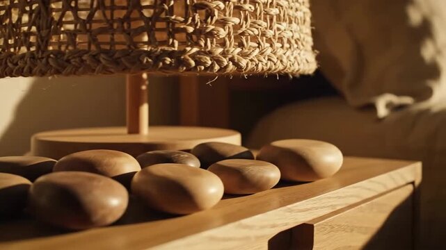 Calm Aesthetic Still Life With Decorative Wooden Balls And A Wicker Lamp In Warm Sunlight