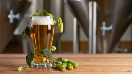 Glass of golden foamy beer on wooden surface with fresh hops and cones, in front of metal fermentation tanks, illustrating beer brewing and production process