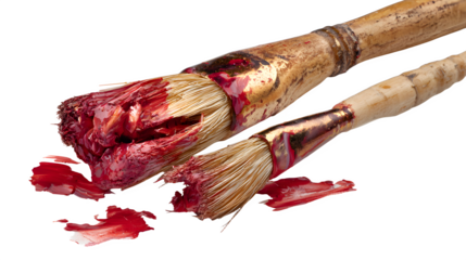 Two wooden paintbrushes with bristles splayed and covered in red paint on a white background, artistic tools for creative expression and painting