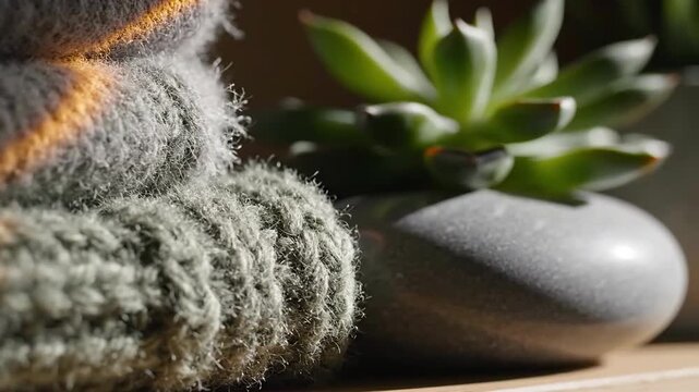 Close Up Still Life Capturing Contrasts Of Fluffy Cactus And Smooth Stone Plant Pot With Succulent
