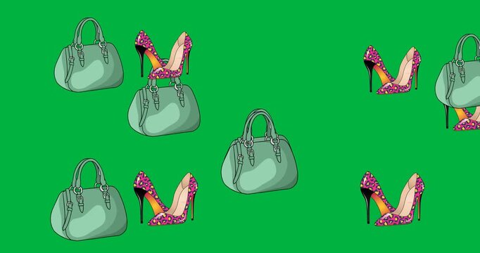 Digital animation of multiple female shoes and handbag icons floating against black background