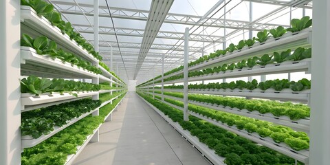 Modern hydroponic greenhouse farm with fresh lettuce representing sustainable agriculture and food technology