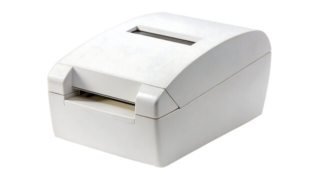 a thermal label printer with refined detailing and soft precision lighting, isolated on a transparent background