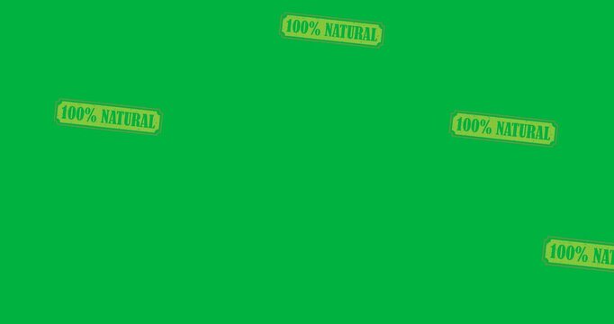 Digital animation of multiple 100 percent natural text banner floating against black background