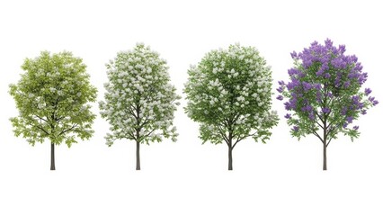 Fototapeta premium Four Isolated Trees with Lush Foliage - Various Seasons, White Background