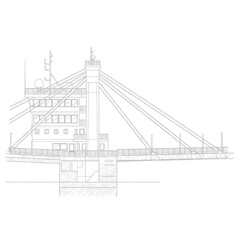Obraz premium Detailed architectural drawing of a suspension bridge tower and cables.