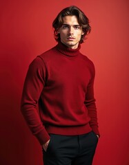 Obraz premium Man in red turtleneck sweater stands against plain red background. He wears black pants, hands in pockets, posing in studio. Confident and stylish model with brown hair.