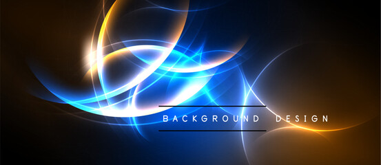 Abstract design features vibrant blue, orange light curves. Dark background enhances glowing effect, creating dynamic visual. Background, design text present.
