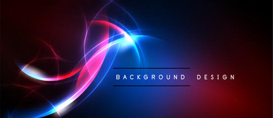 Abstract neon lines create dynamic background. Red, blue hues blend, forming modern visual effect. Minimalist text present.
