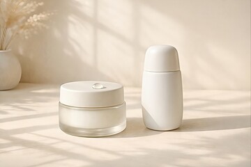Minimalist skincare essentials featuring an elegant cream jar and sleek lotion bottle illuminated by natural light creating a serene aesthetic for beauty and wellness