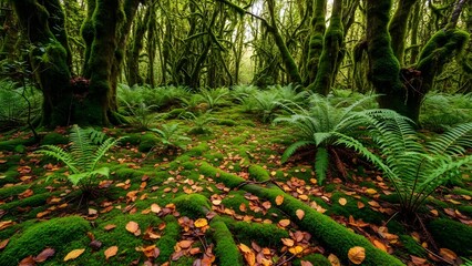 Fototapeta premium Dense enchanted forest filled with moss-covered trees, vibrant green ferns, and soft natural light filtering through the canopy. A magical woodland scene representing pristine nature and tranquil wild
