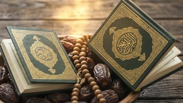 A captivating close-up presents two elegantly bound books, adorned with intricate golden calligraphy and patterns, resting within a rustic wooden bowl. The bowl is filled with a bounty of dark, dried 